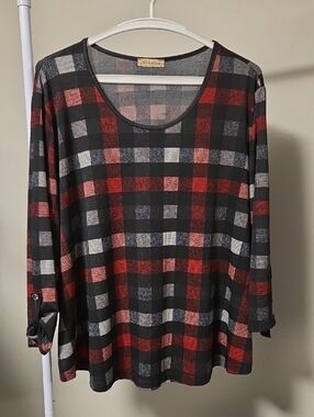 Christopher & Banks Red, Black & Gray Plaid Roll-Tab Tunic